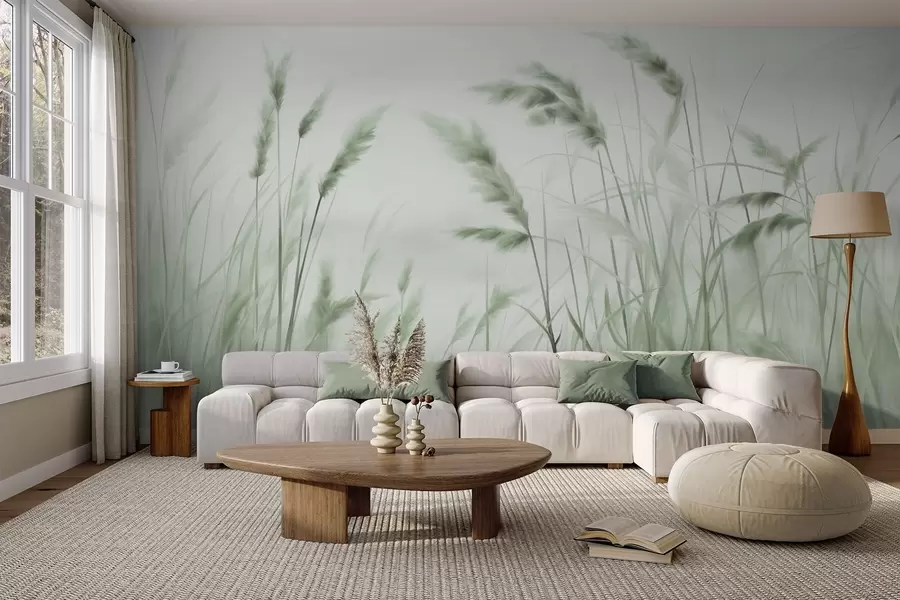 Wall Mural Photo Wallpaper Tall, textured dry grass with ears of wheat in the field against a soft, pale background w09648v1