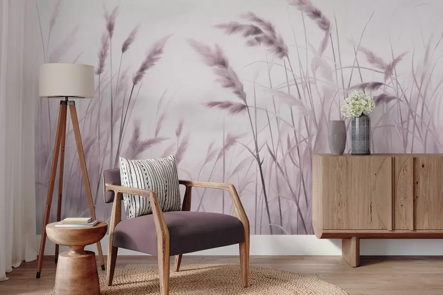 Wall Mural Photo Wallpaper Tall, textured dry grass with ears of wheat in the field against a soft, pale background w09648v2