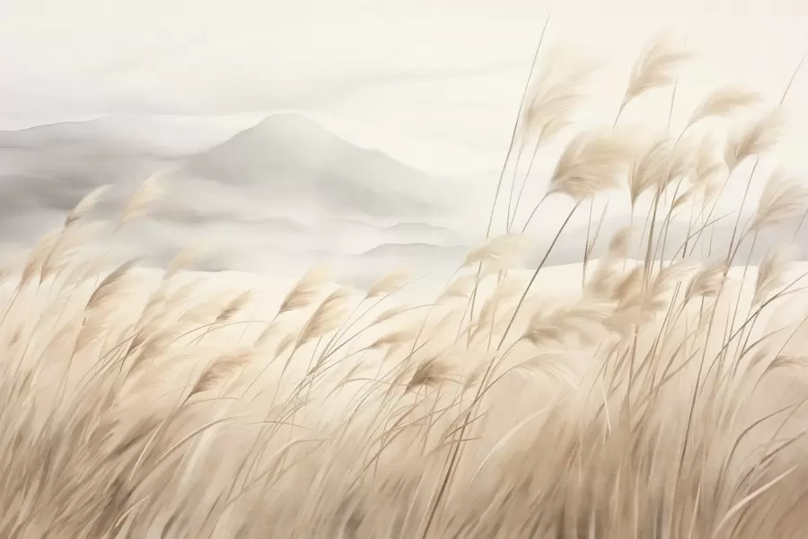 Wall Mural Photo Wallpaper Textured mountain landscape with tall, dry grass under a hazy sky w09649