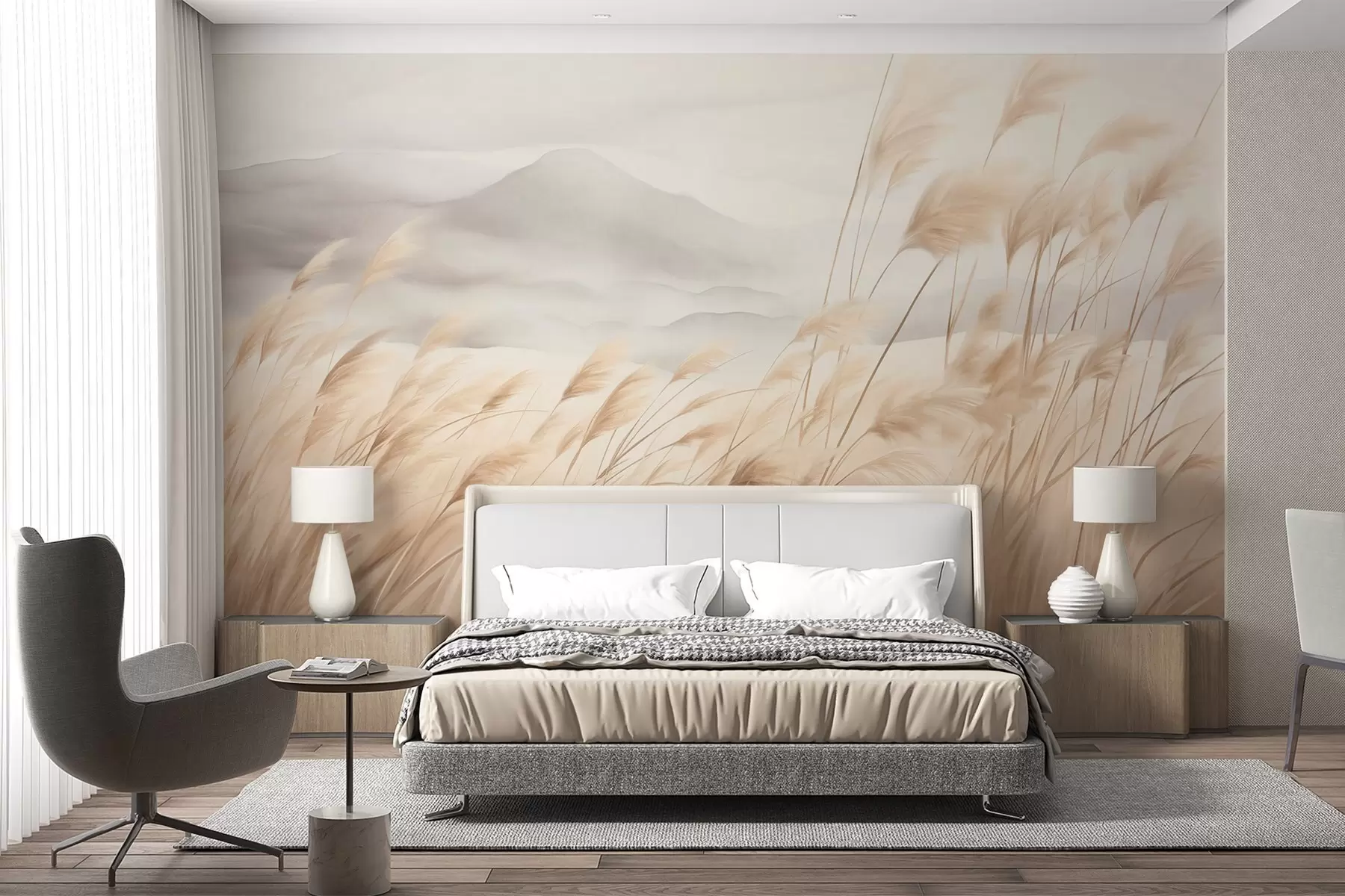 Wall Mural Photo Wallpaper Textured mountain landscape with tall, dry grass under a hazy sky w09649