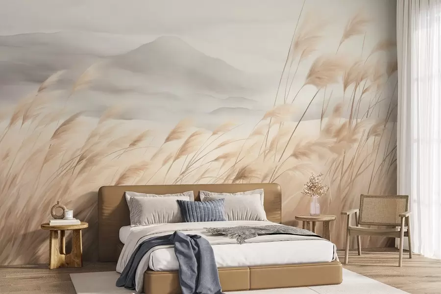 murales Paisaje montañoso con textura, con hierba alta y seca bajo un cielo brumoso. w09649
