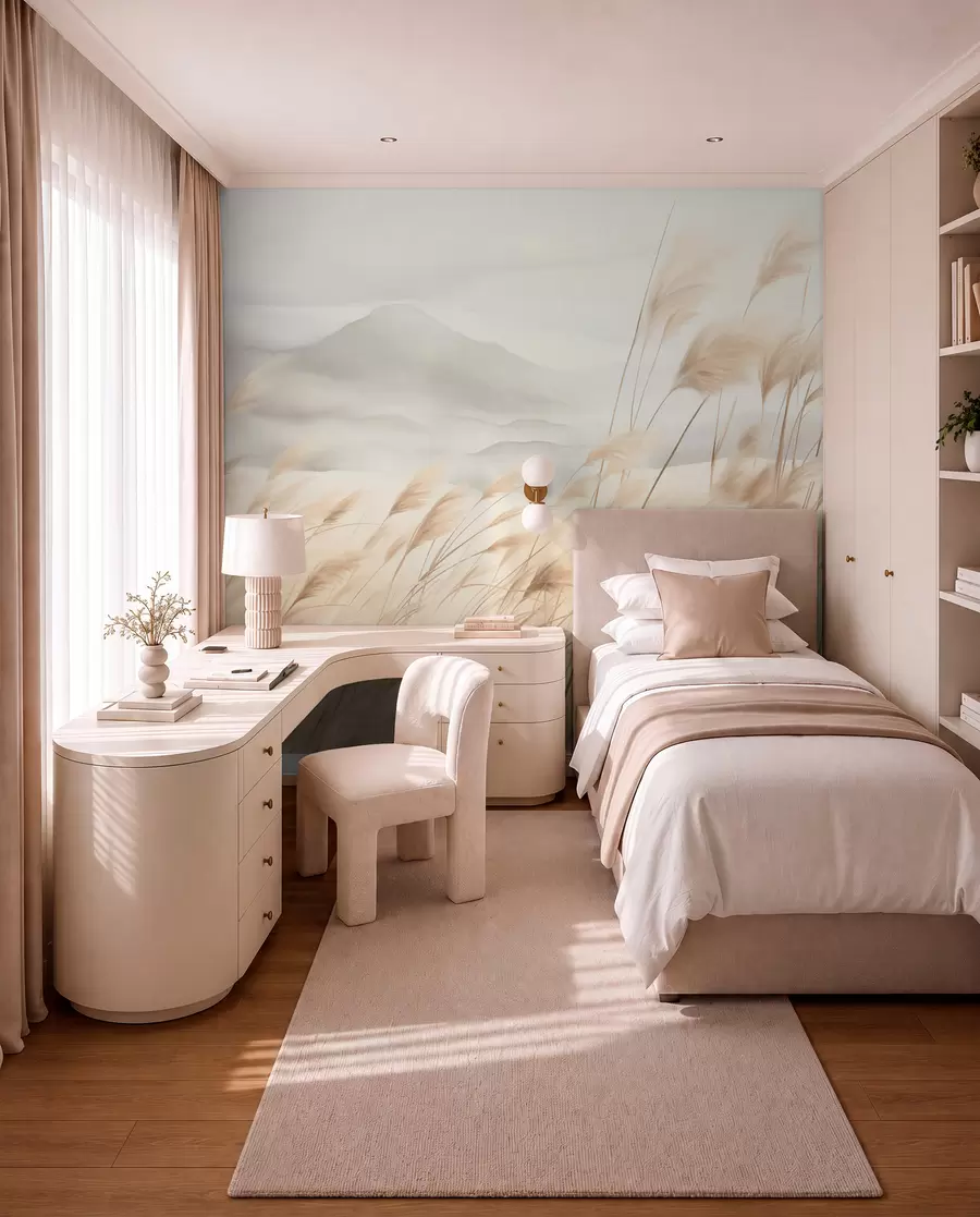 wall murals Textured mountain landscape with tall, dry grass under a hazy sky w09649