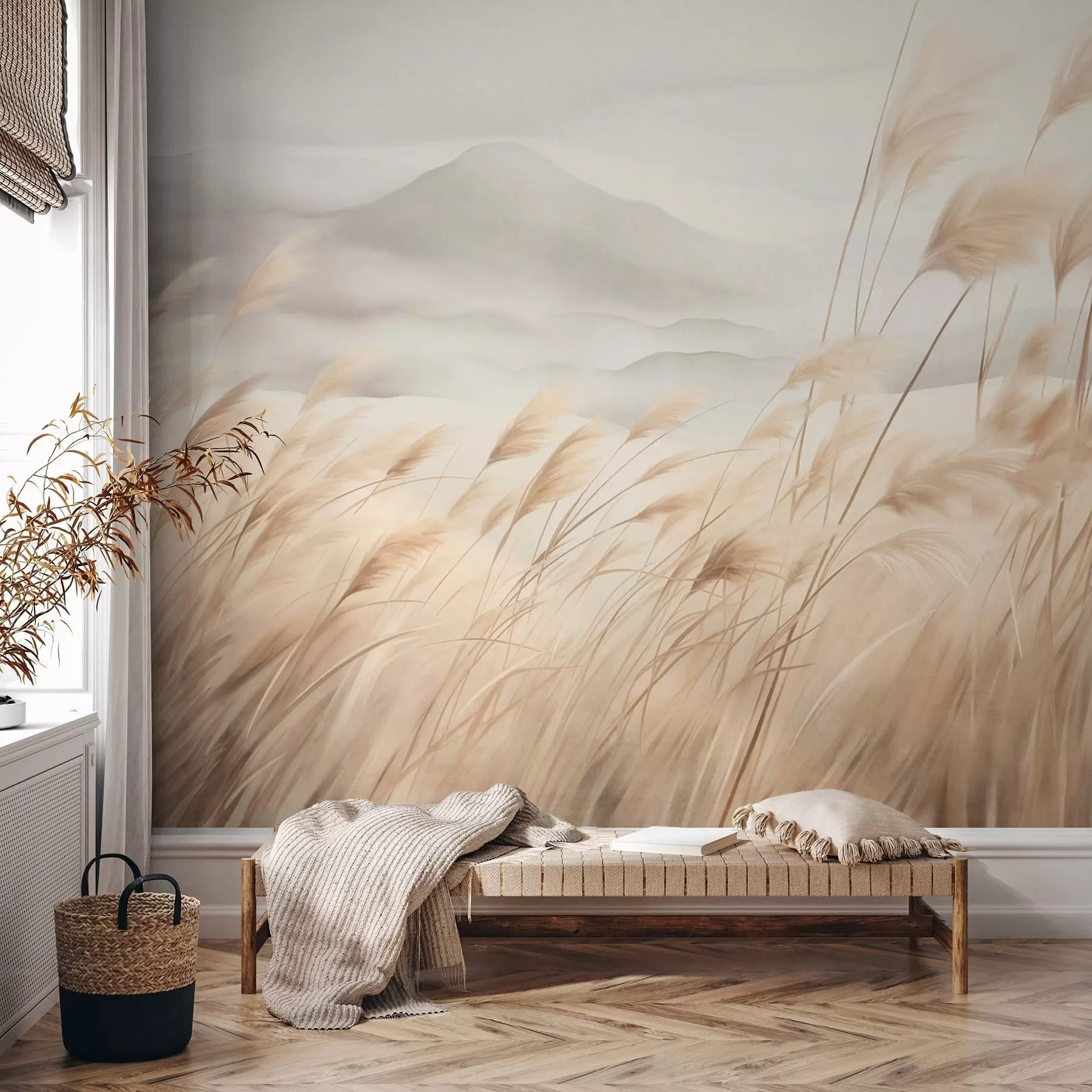 Wall Mural Photo Wallpaper Textured mountain landscape with tall, dry grass under a hazy sky w09649