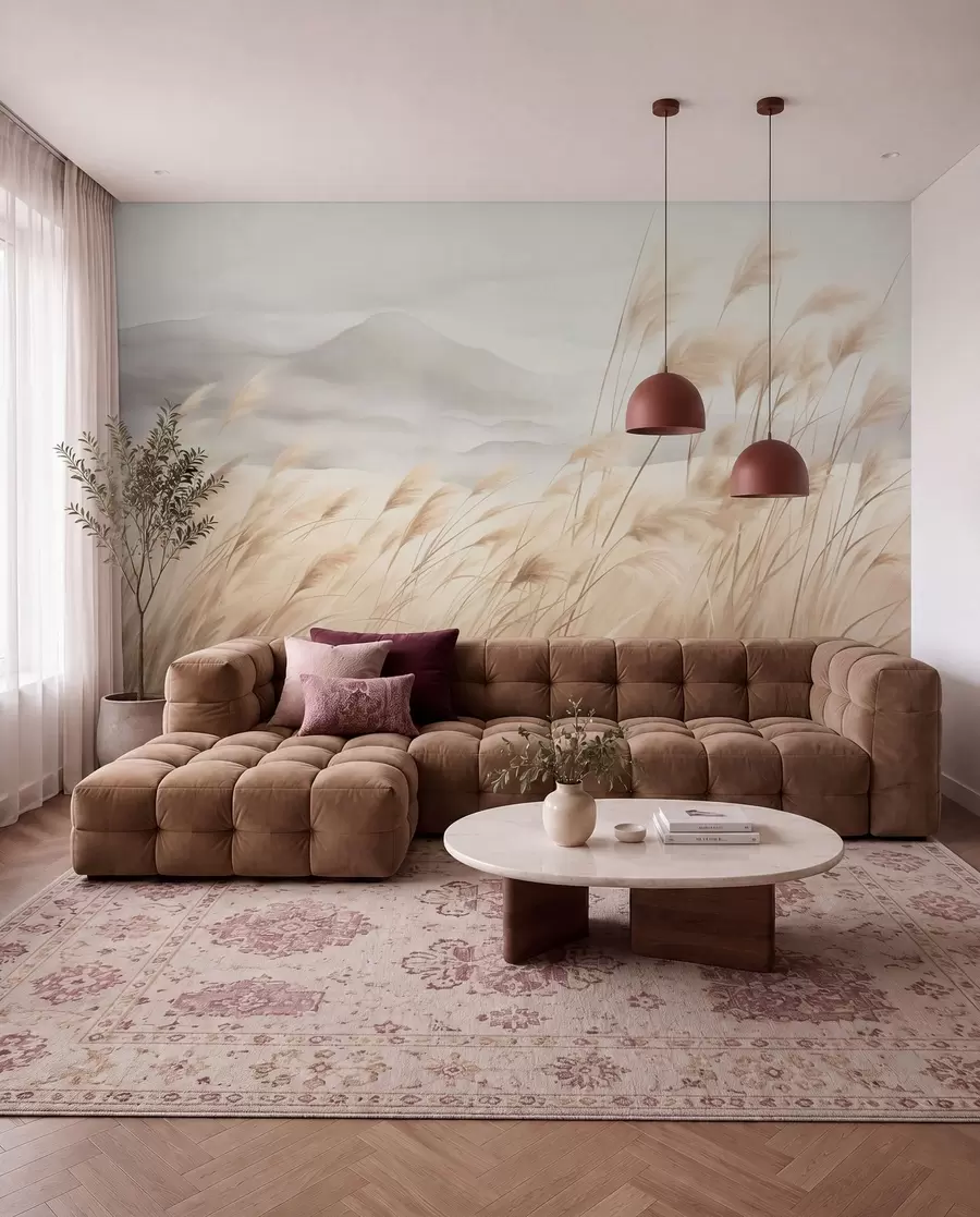 Wall Mural Photo Wallpaper Textured mountain landscape with tall, dry grass under a hazy sky w09649