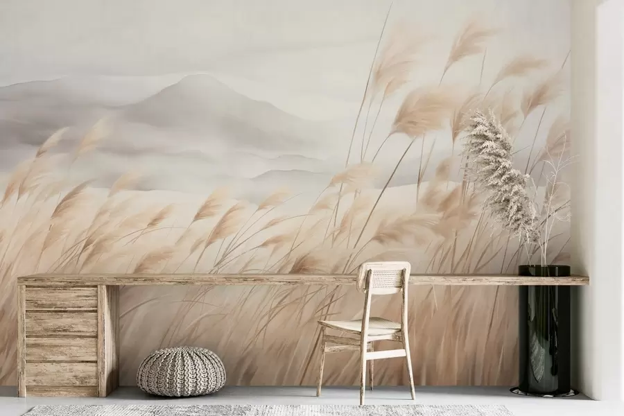 Wall Mural Photo Wallpaper Textured mountain landscape with tall, dry grass under a hazy sky w09649