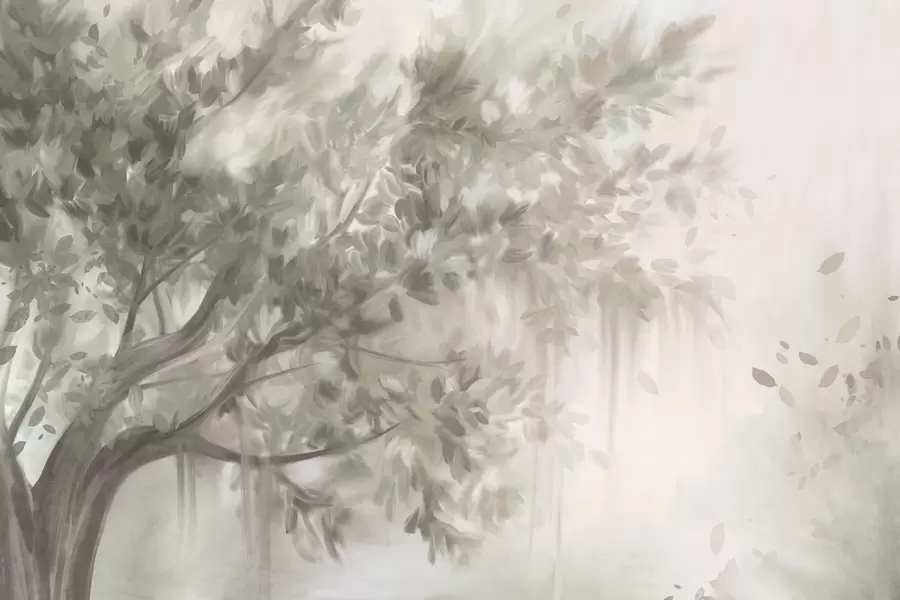 wall murals Textured tree with light green leaves and branches, with a soft, hazy background w09650