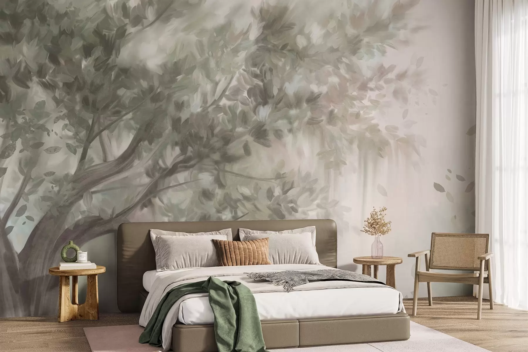 peintures murales Arbre texturé avec des feuilles et des branches vert clair, sur un fond doux et flou w09650