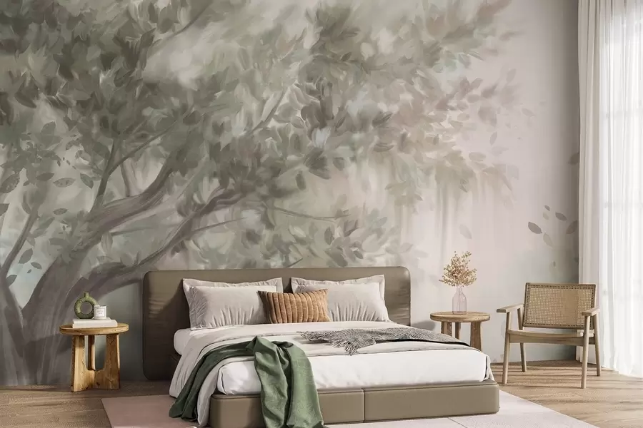 Wall Mural Photo Wallpaper Textured tree with light green leaves and branches, with a soft, hazy background w09650