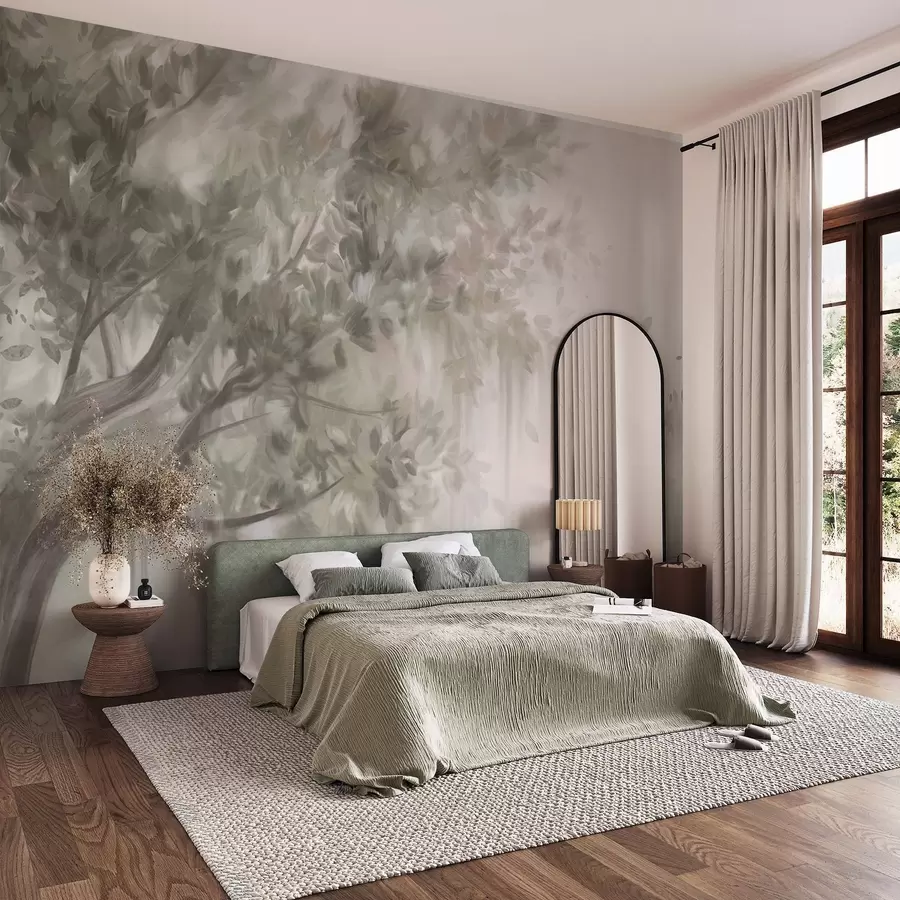 Wall Mural Photo Wallpaper Textured tree with light green leaves and branches, with a soft, hazy background w09650