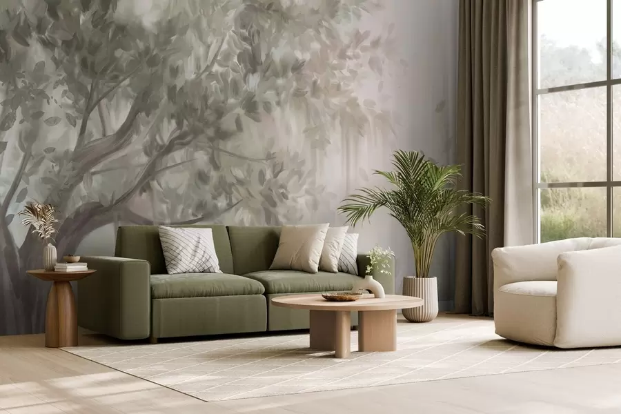 Wall Mural Photo Wallpaper Textured tree with light green leaves and branches, with a soft, hazy background w09650