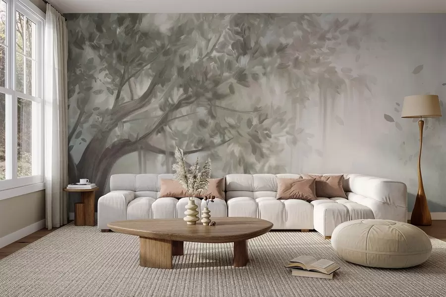 Wall Mural Photo Wallpaper Textured tree with light green leaves and branches, with a soft, hazy background w09650