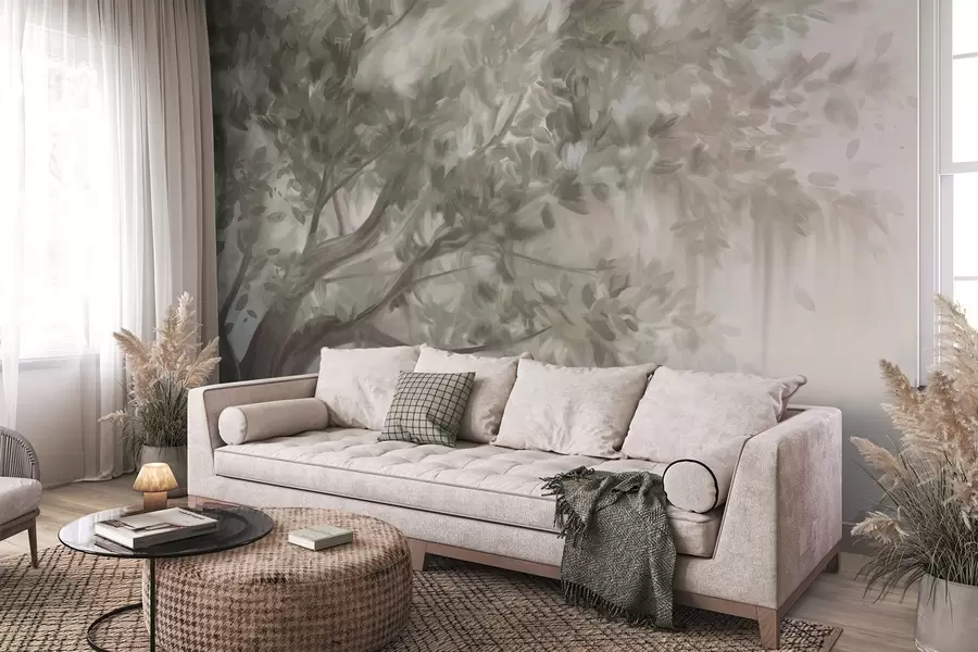 Wall Mural Photo Wallpaper Textured tree with light green leaves and branches, with a soft, hazy background w09650