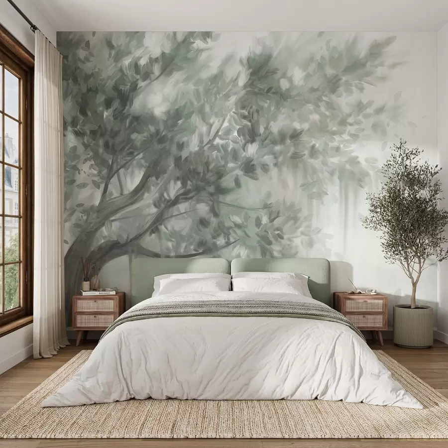 peintures murales Arbre texturé avec des feuilles et des branches vertes, sur un fond doux et flou w09650v1