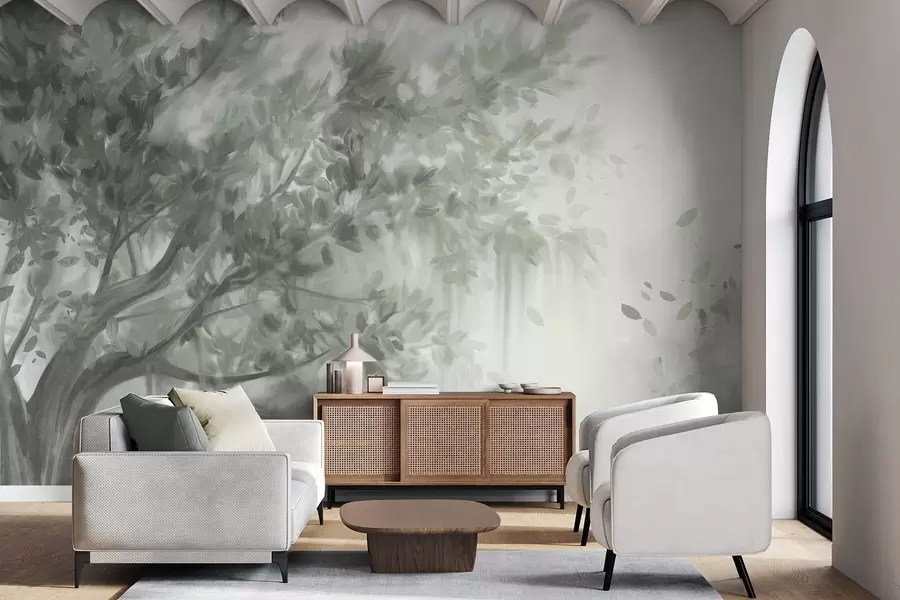 wall murals Textured tree with green leaves and branches, with a soft, hazy background w09650v1