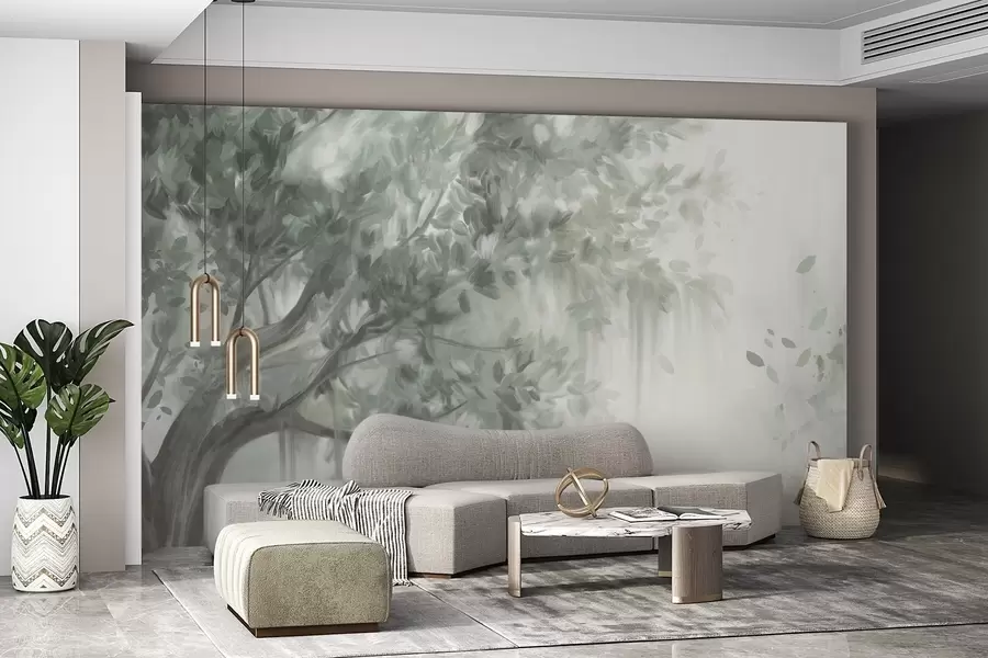 Wall Mural Photo Wallpaper Textured tree with green leaves and branches, with a soft, hazy background w09650v1