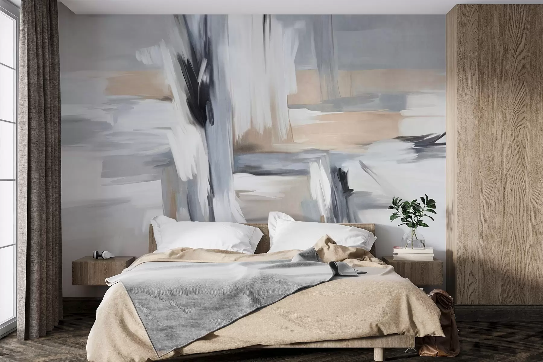 peintures murales Peinture abstraite texturée avec des coups de pinceau dans des tons de blanc, gris et beige w09651