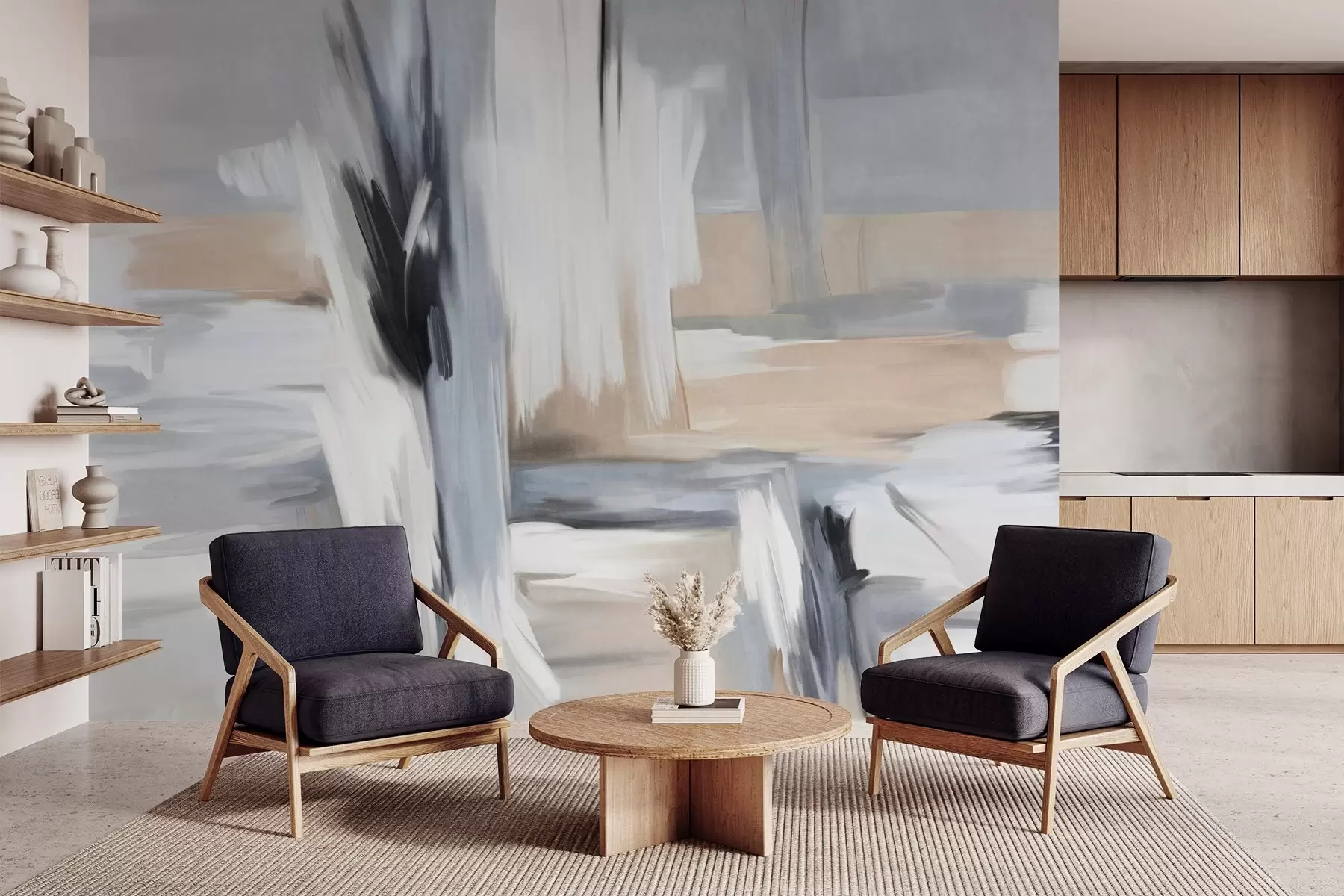 peintures murales Peinture abstraite texturée avec des coups de pinceau dans des tons de blanc, gris et beige w09651