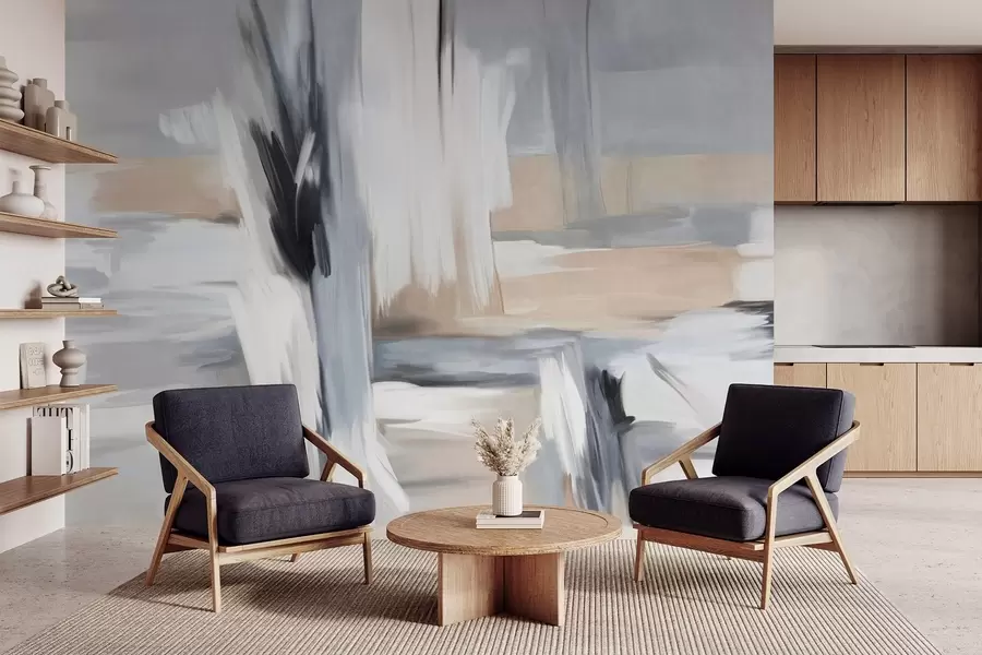 murales Estilo pictórico abstracto con textura y pinceladas en tonos blancos, grises y beiges. w09651