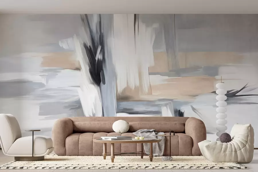 Wall Mural Photo Wallpaper Abstract textured painting style with brushstrokes in shades of white, gray and beige w09651