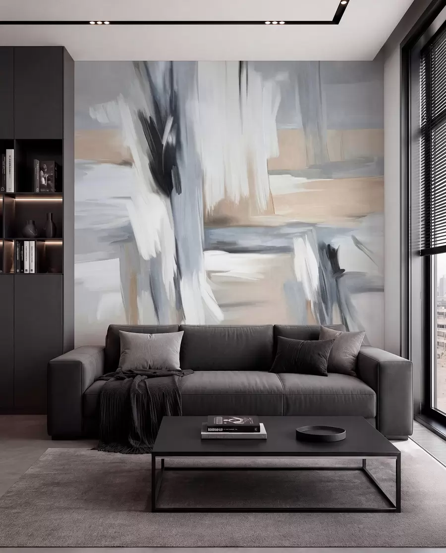 Wall Mural Photo Wallpaper Abstract textured painting style with brushstrokes in shades of white, gray and beige w09651