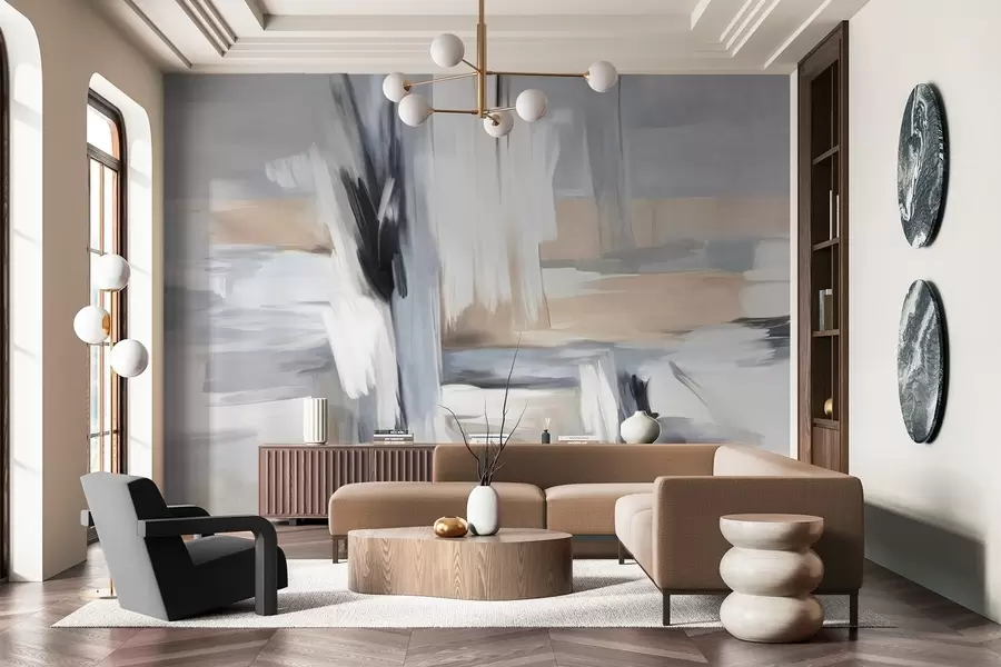 Wall Mural Photo Wallpaper Abstract textured painting style with brushstrokes in shades of white, gray and beige w09651