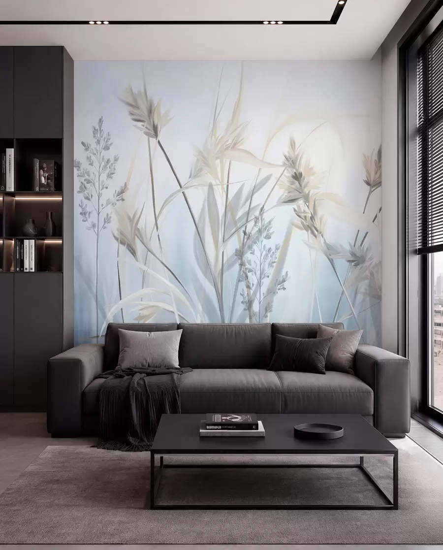 peintures murales Hauts brins d'herbe sèche aux sommets plumeux dans des tons sourds, fond bleu et blanc doux et brumeux w09652