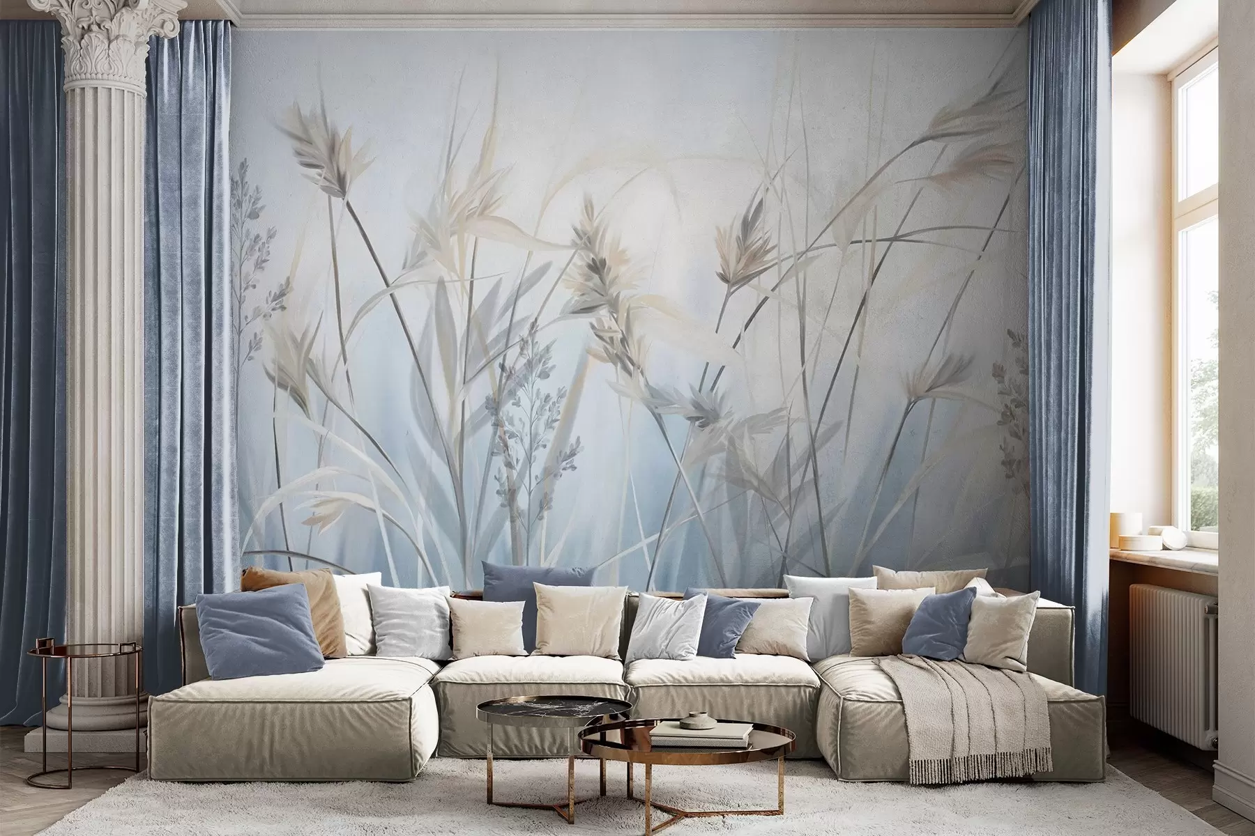 Wall Mural Photo Wallpaper Tall, dry grass stalks with feathery tops in muted tones, soft, hazy blue and white background w09652