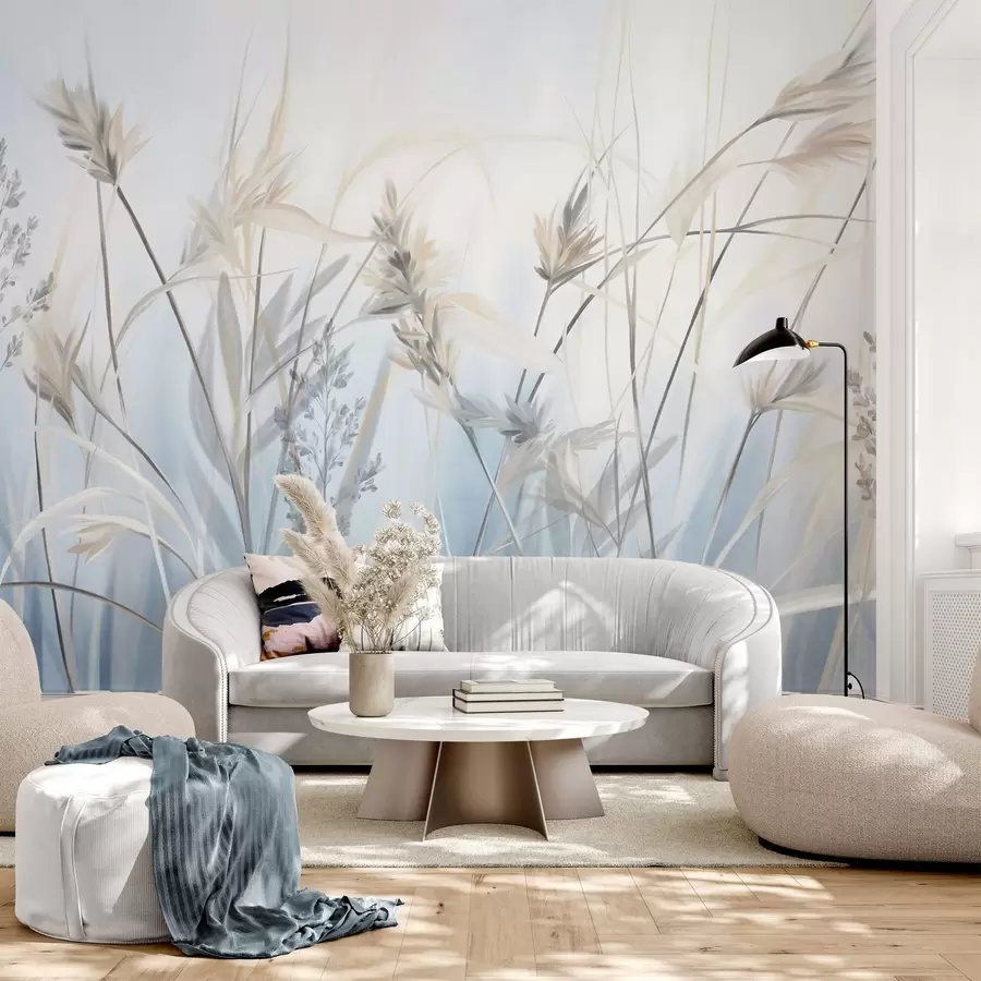 Wall Mural Photo Wallpaper Tall, dry grass stalks with feathery tops in muted tones, soft, hazy blue and white background w09652