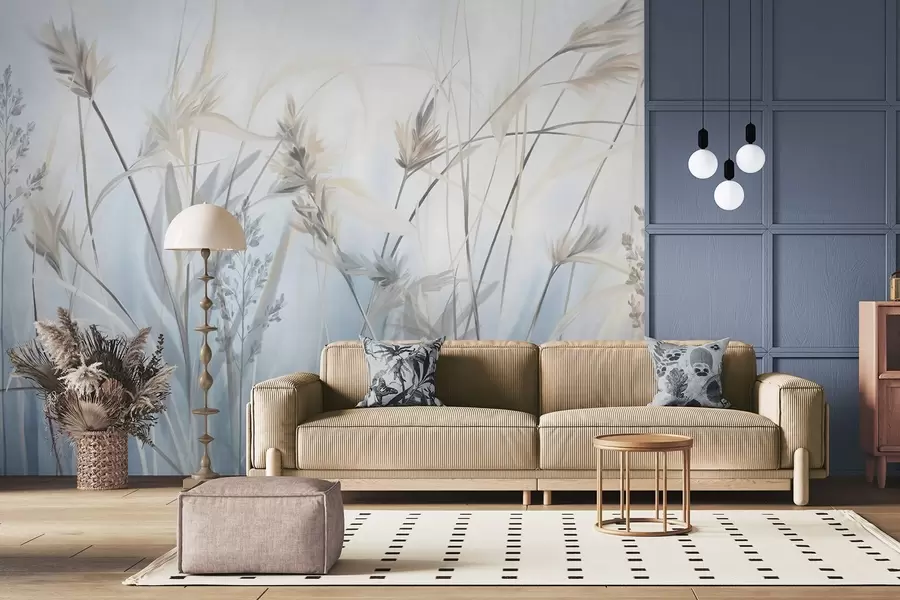 Wall Mural Photo Wallpaper Tall, dry grass stalks with feathery tops in muted tones, soft, hazy blue and white background w09652