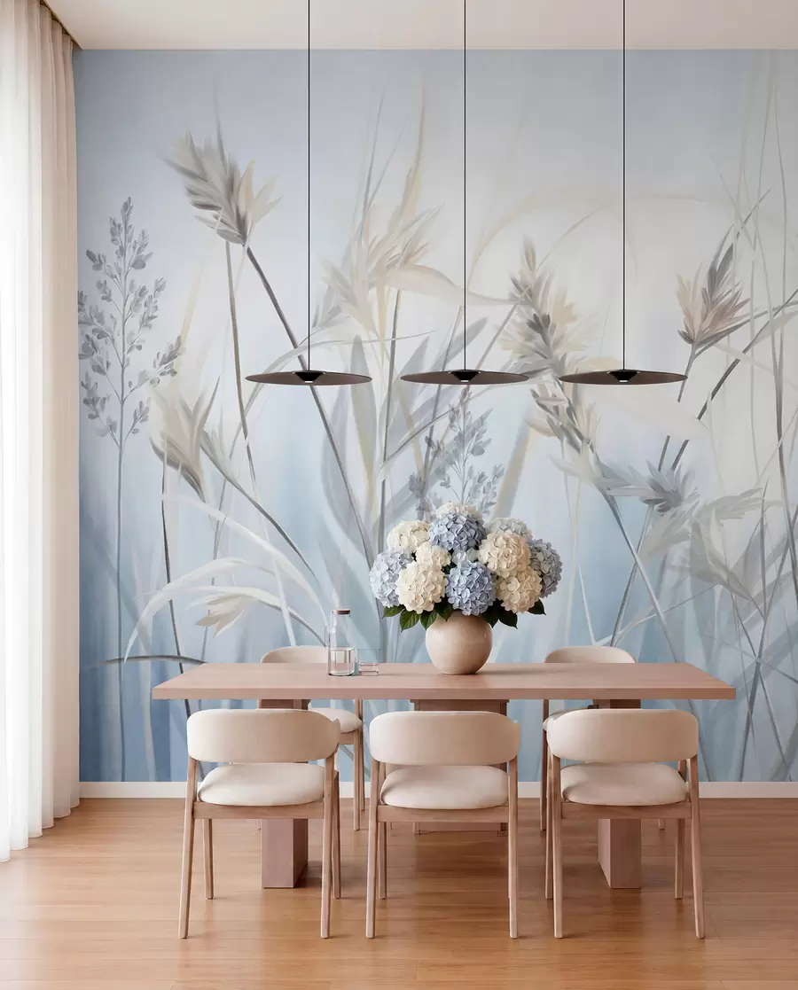 wall murals Tall, dry grass stalks with feathery tops in muted tones, soft, hazy blue and white background w09652