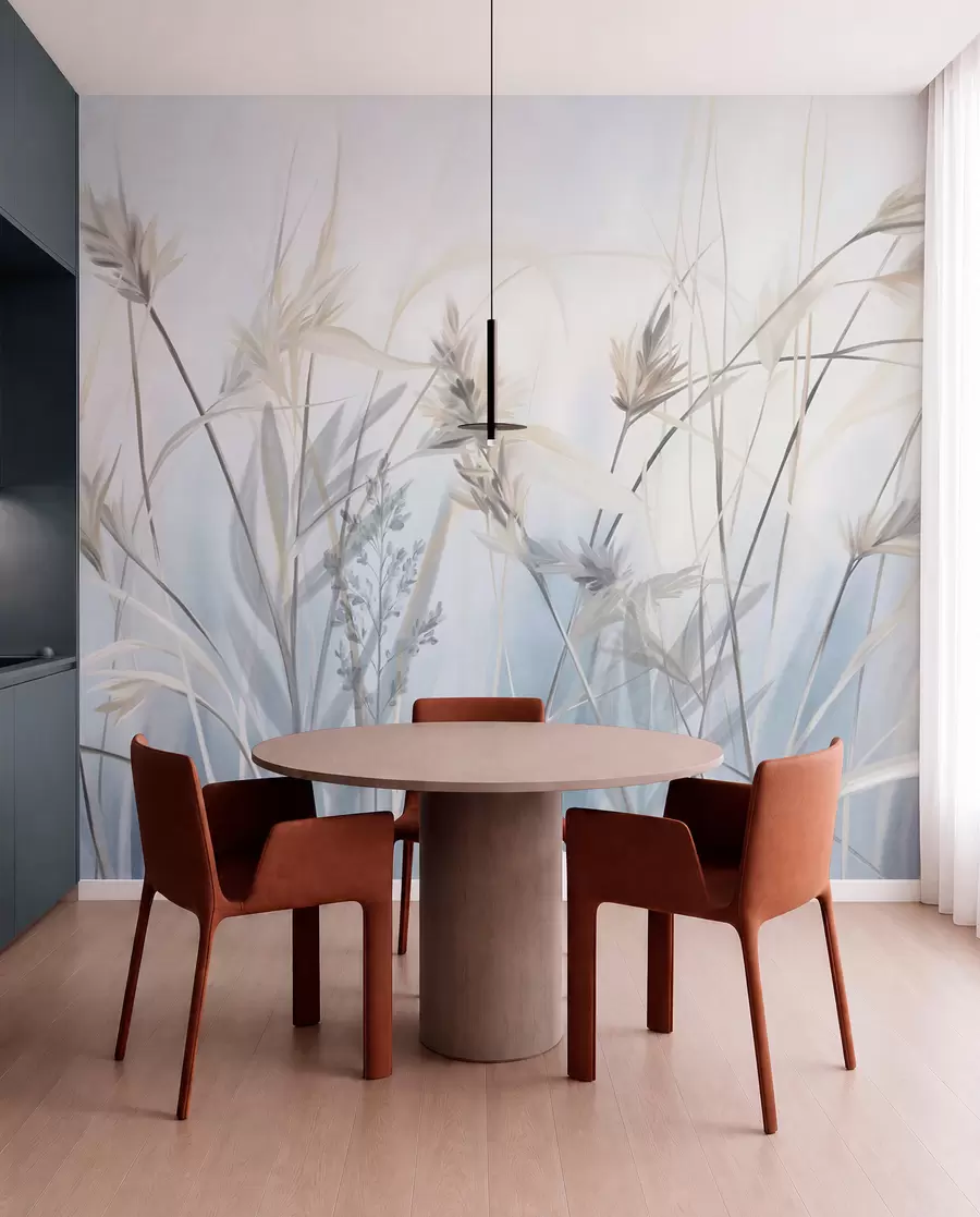 wall murals Tall, dry grass stalks with feathery tops in muted tones, soft, hazy blue and white background w09652