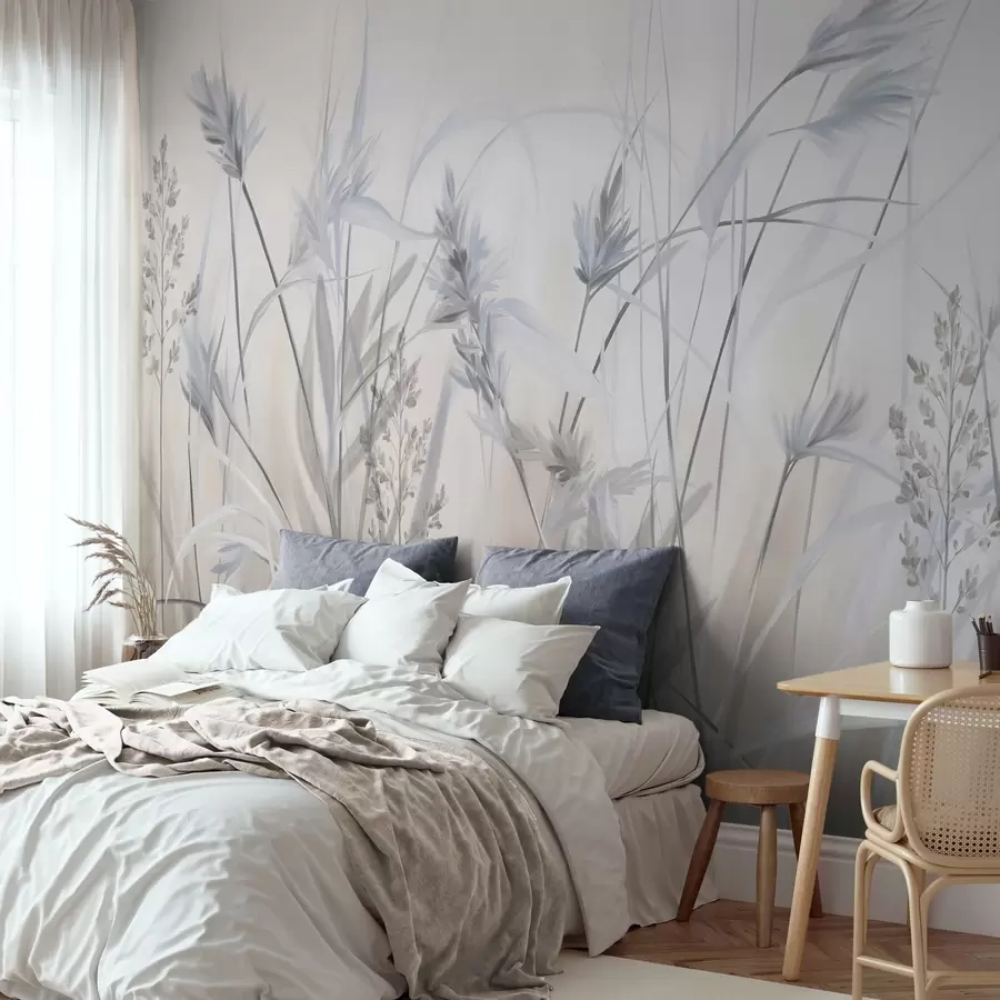 murales Tallos altos y secos de hierba con puntas plumosas en tonos apagados, fondo blanco y beige suave y difuminado. w09652v1