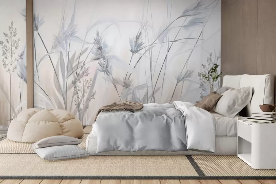 murales Tallos altos y secos de hierba con puntas plumosas en tonos apagados, fondo blanco y beige suave y difuminado. w09652v1