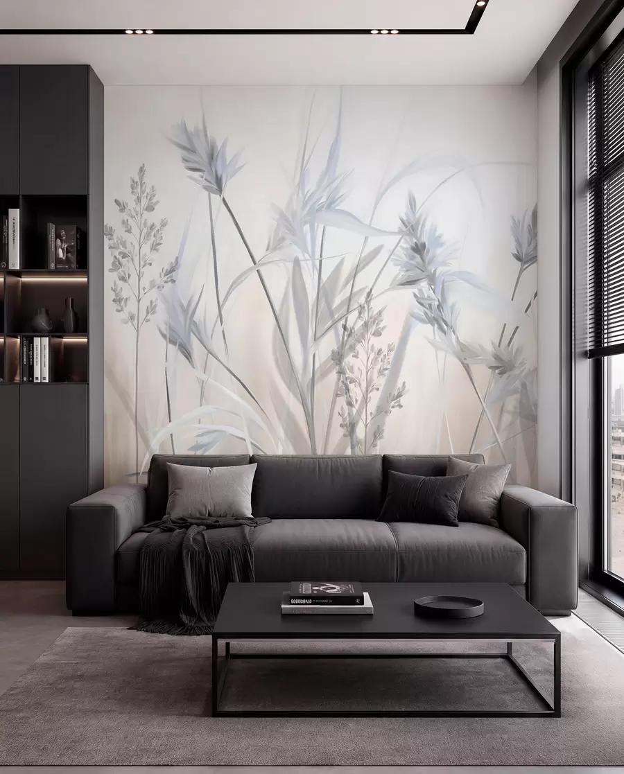 Wall Mural Photo Wallpaper Tall, dry grass stalks with feathery tops in muted tones, soft, hazy white and beige background w09652v1