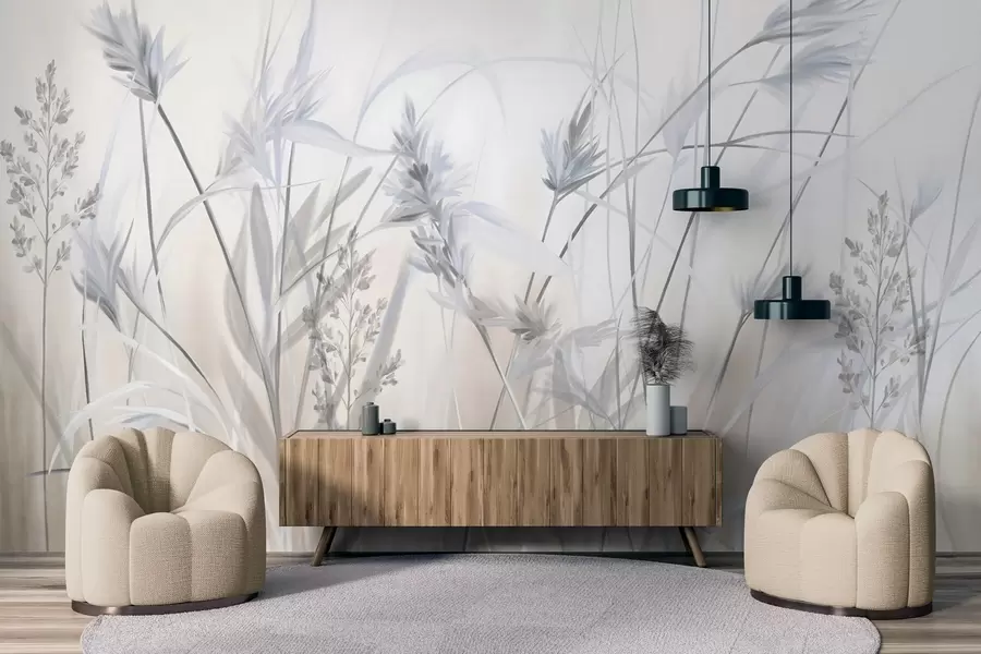 Wall Mural Photo Wallpaper Tall, dry grass stalks with feathery tops in muted tones, soft, hazy white and beige background w09652v1