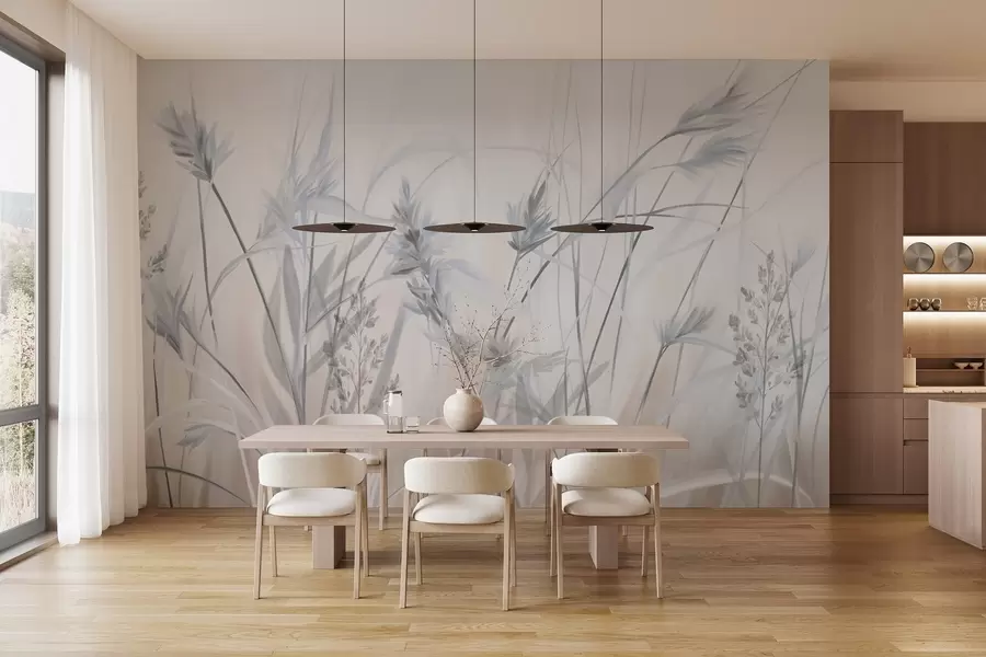 murales Tallos altos y secos de hierba con puntas plumosas en tonos apagados, fondo blanco y beige suave y difuminado. w09652v1