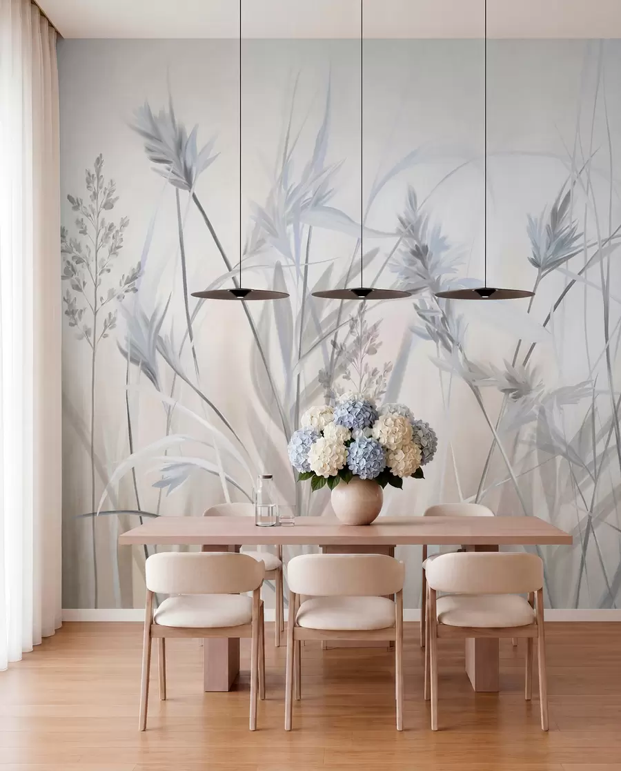 Wall Mural Photo Wallpaper Tall, dry grass stalks with feathery tops in muted tones, soft, hazy white and beige background w09652v1