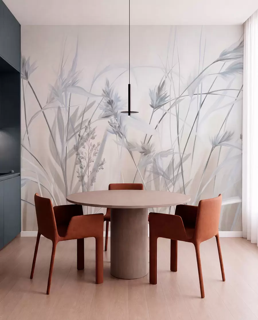 Wall Mural Photo Wallpaper Tall, dry grass stalks with feathery tops in muted tones, soft, hazy white and beige background w09652v1