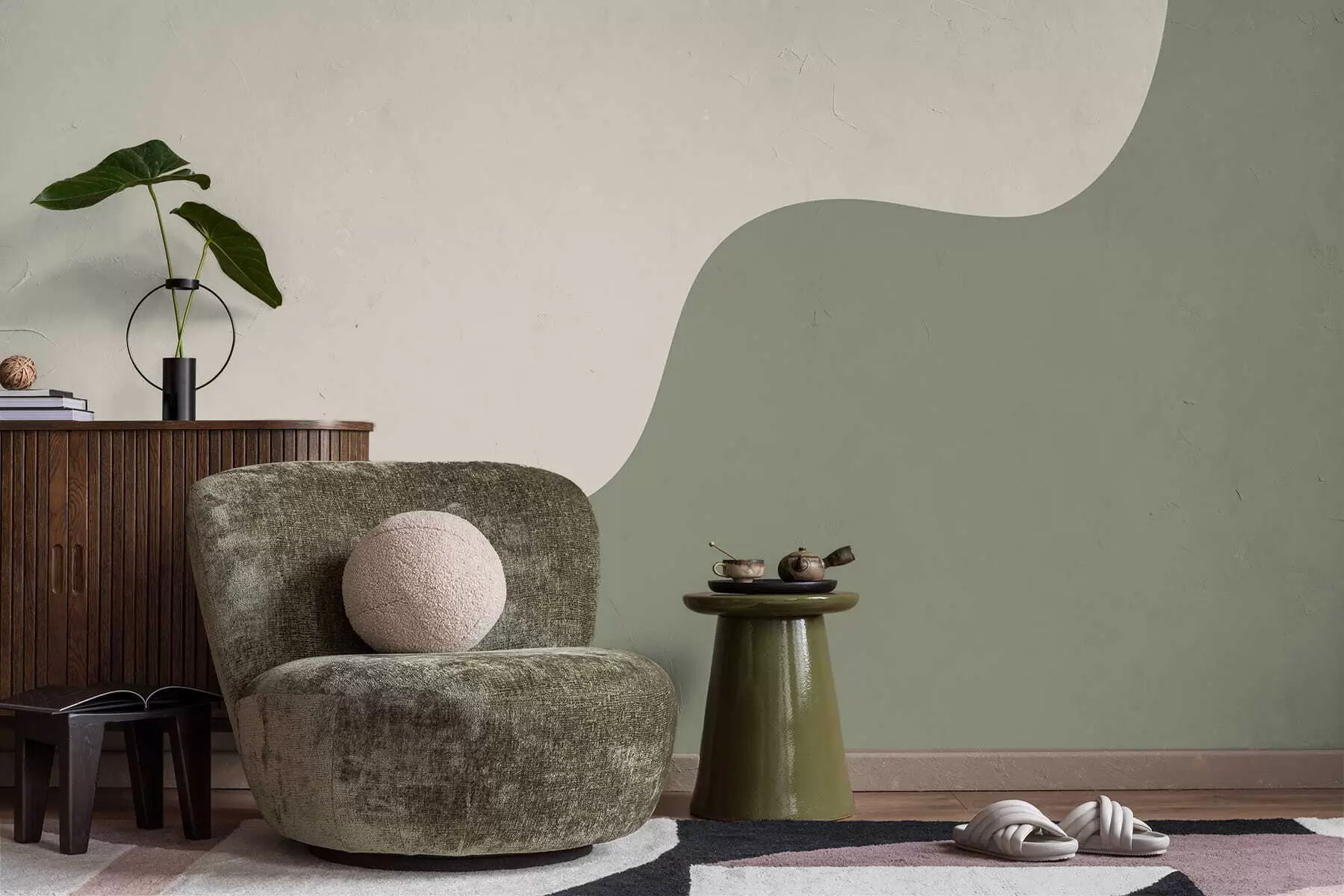 peintures murales Formes abstraites douces dans des tons beige clair et vert w05097