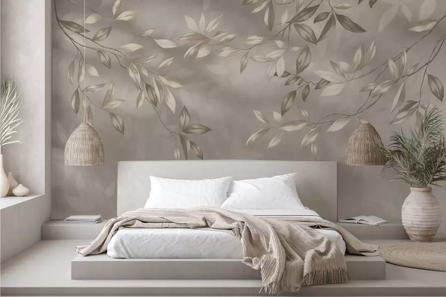 Wall Mural Photo Wallpaper Elegant leafy branches in beige shades on a light background w05113