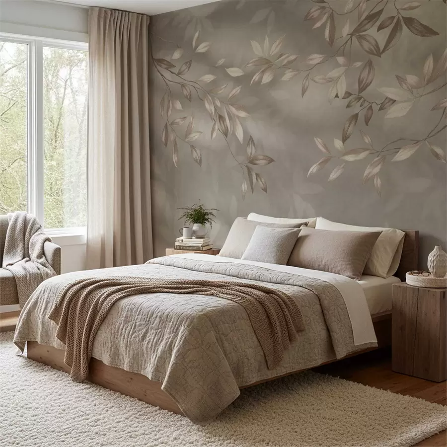 Wall Mural Photo Wallpaper Elegant leafy branches in beige shades on a light background w05113