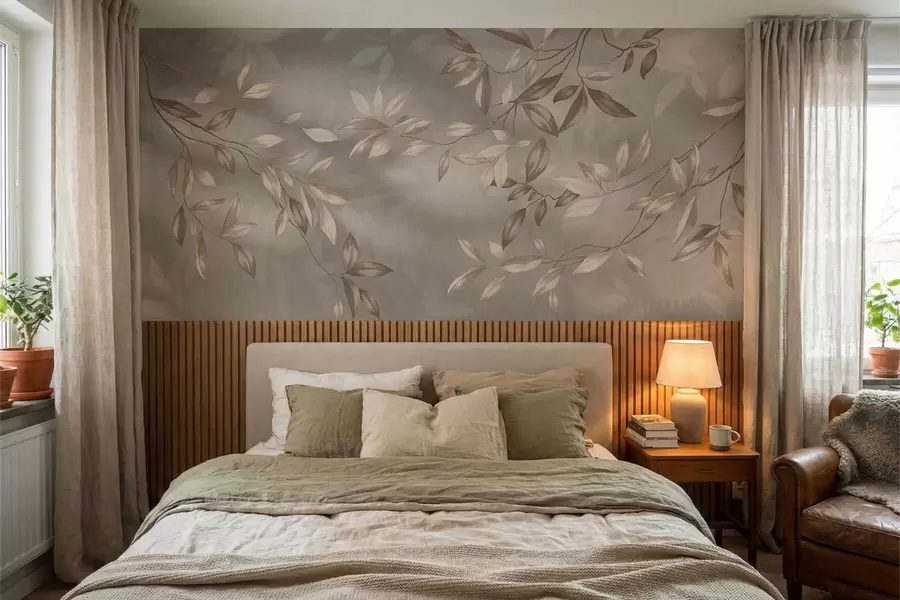 murales Elegantes ramas frondosas en tonos beige sobre un fondo claro. w05113