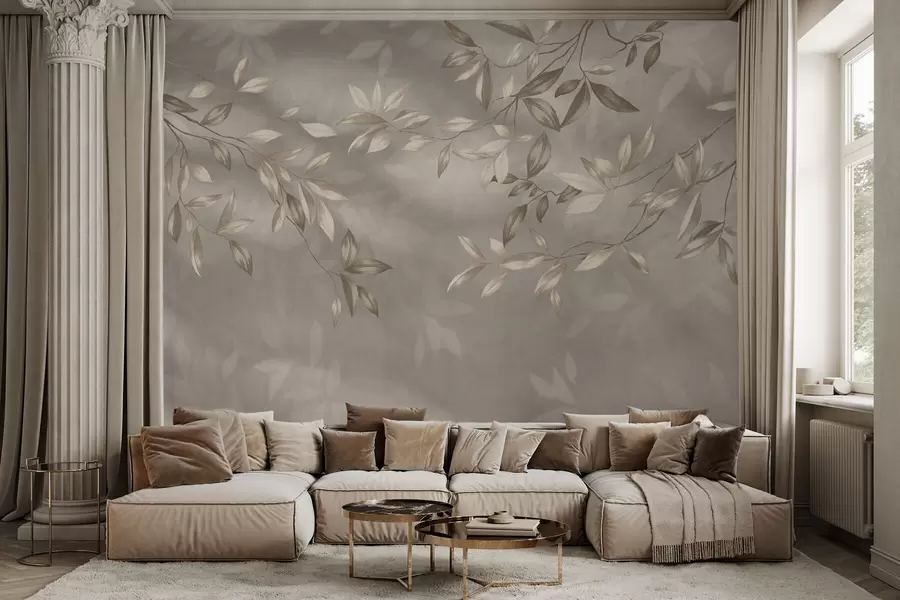 Wall Mural Photo Wallpaper Elegant leafy branches in beige shades on a light background w05113