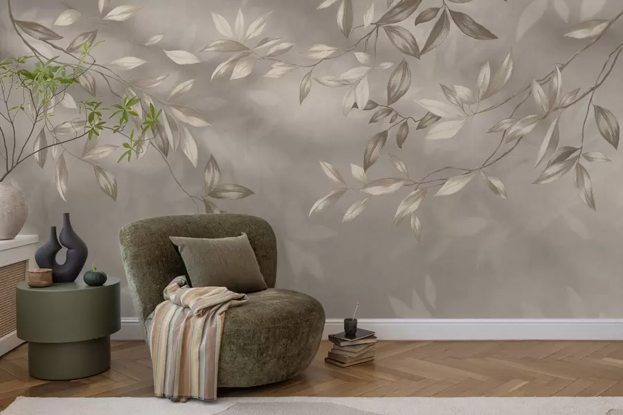 Wall Mural Photo Wallpaper Elegant leafy branches in beige shades on a light background w05113