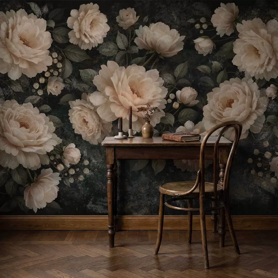 Wall Mural Photo Wallpaper Voluminous flowers in beige palette on a dark background w05114