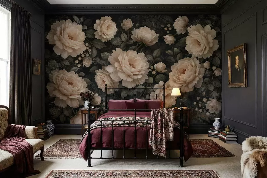 murales Flores voluminosas en tonos beige sobre fondo oscuro. w05114