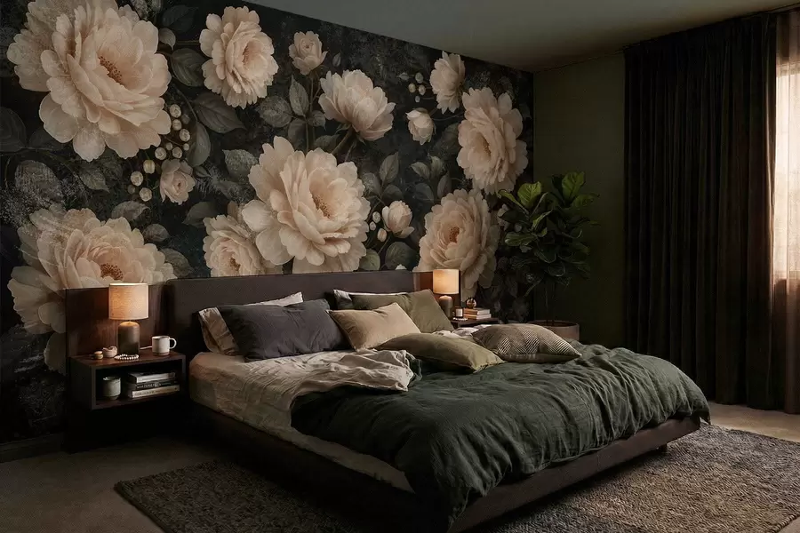 Wall Mural Photo Wallpaper Voluminous flowers in beige palette on a dark background w05114