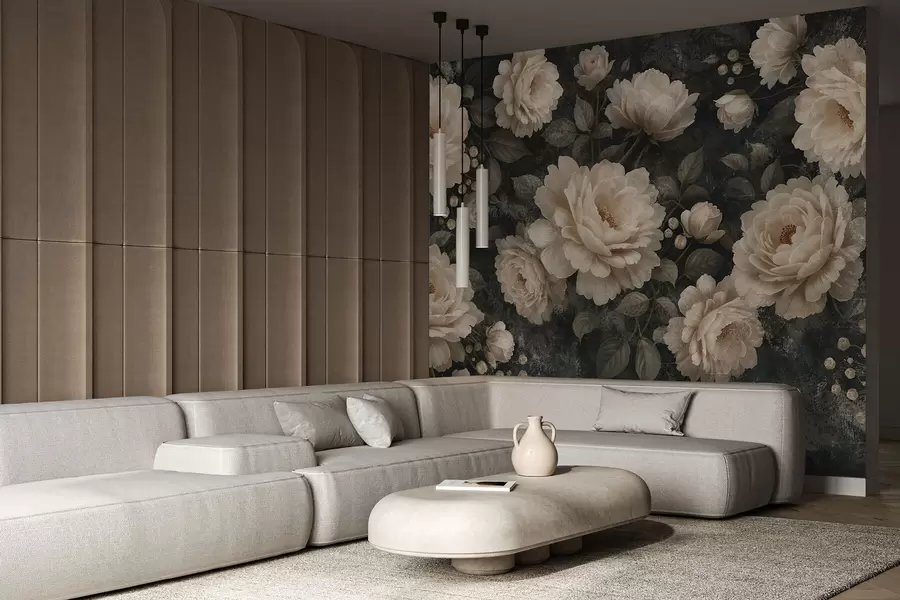 murales Flores voluminosas en tonos beige sobre fondo oscuro. w05114