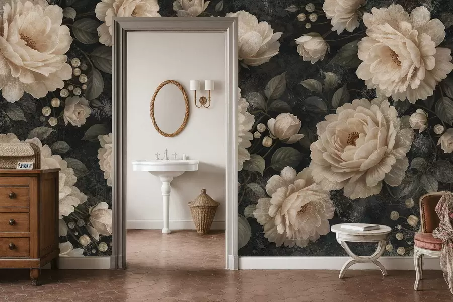 wall murals Voluminous flowers in beige palette on a dark background w05114