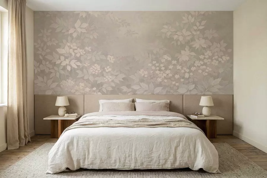 peintures murales Motif botanique délicat avec des feuilles et des fleurs dans la brume w05115v1